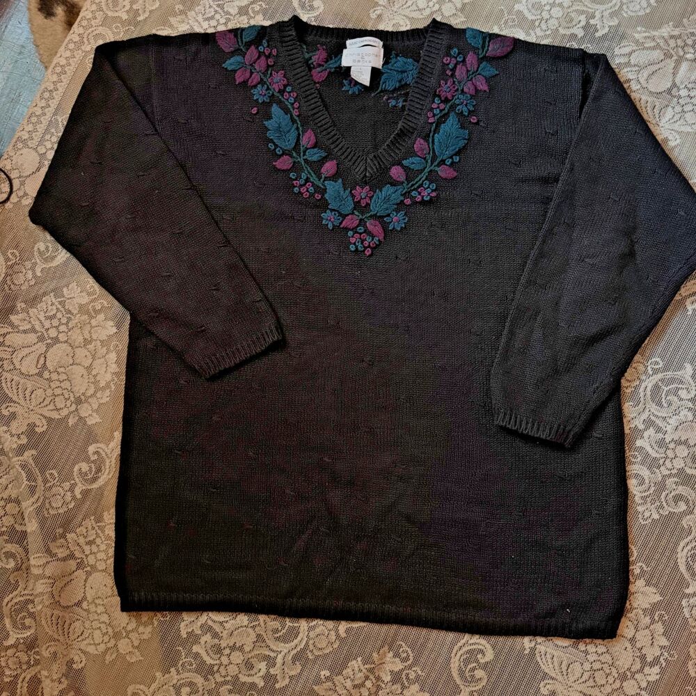 VTG Y2K Christopher & Banks Hand Embroidered Grandma Cottagecore Black Size L